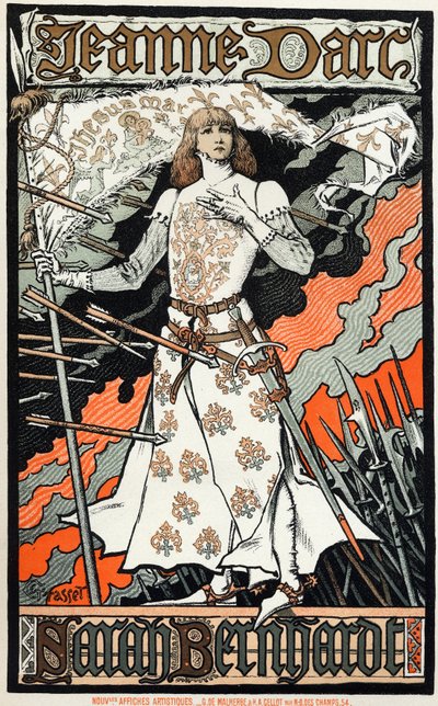 Litteratur. Teater. Joan of Arc, skuespill av Charles Peguy. Plakat av Eugene Grasset som representerer Sarah Bernhardt, Frankrike av Eugene Grasset