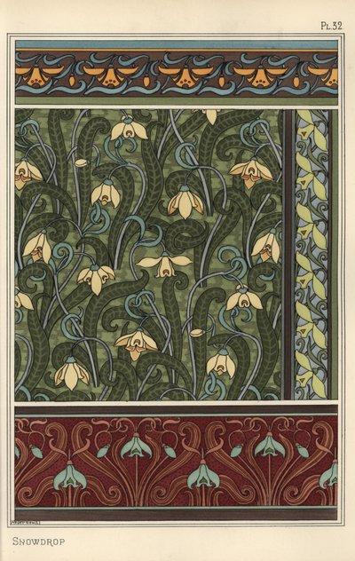 Snøklokke, Galanthus nivalis, som designmotiv i tapeter, border og stoffer av Eugene Grasset