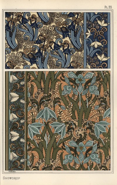 Snøklokke, Galanthus nivalis, som designmotiv i tapeter, border og stoffer av Eugene Grasset