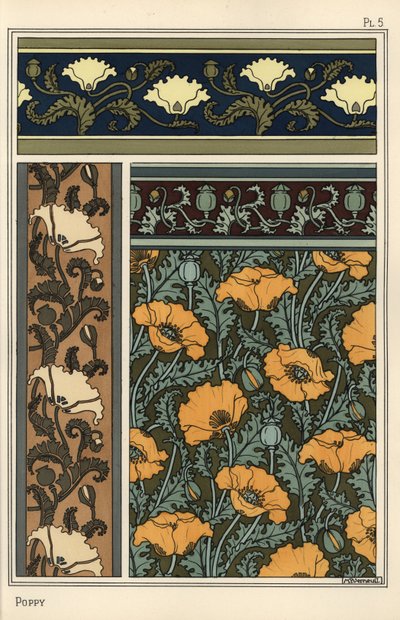 Valmuen, Papaver somniferum, i tapet- og stoffmønstre. Litografi av Verneuil av Eugene Grasset