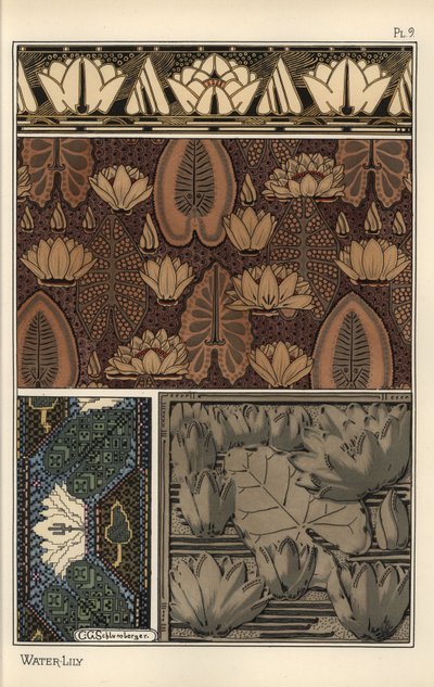 Vannliljen, Nelumbo lutea, i stoff, korsstingteppe og reliefmmønstre. Litografi av C. G. Schlumberger av Eugene Grasset