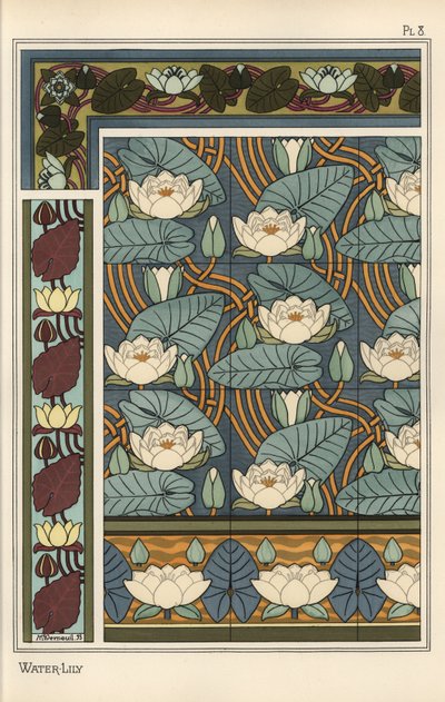 Vannliljen, Nelumbo lutea, i tapet- og flisemønster av Eugene Grasset