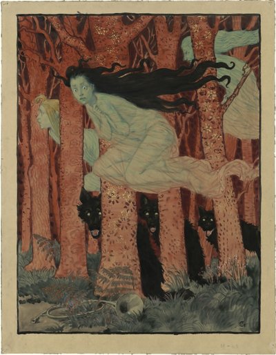 Tre kvinner og tre ulver Tre kvinner og tre ulver, ca 1892. av Eugene Grasset