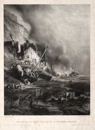 Six Marines: Ombygging av en båt ved lavvann, 1833. av Eugene Isabey