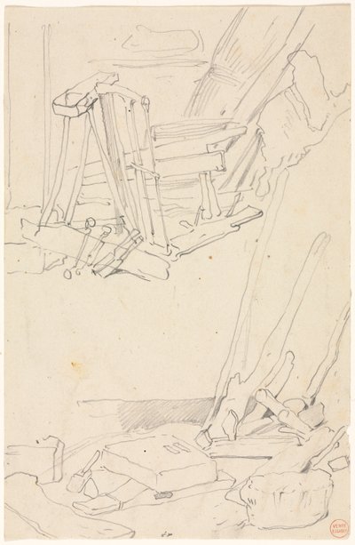 Studier av tre og gårdsredskaper. av Eugene Isabey