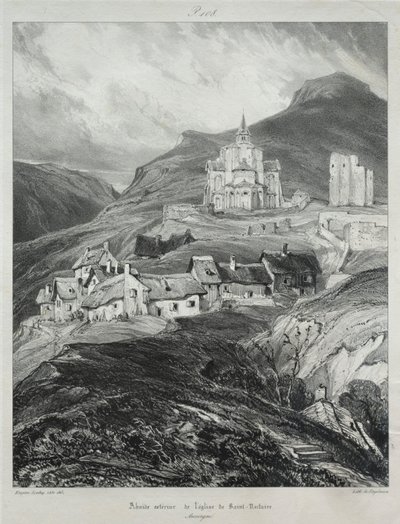 Pittoreske og romantiske reiser i det gamle Frankrike, Auvergne: Apsis av kirken Saint Nectaire av Eugene Isabey