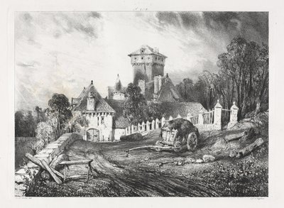 Pittoreske og romantiske reiser i det gamle Frankrike, Auvergne: Château de Pesteil i Polminhac av Eugene Isabey