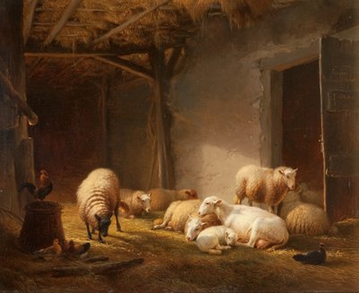 En solbelyst låve med søyer, lam og kyllinger av Eugene Joseph Verboeckhoven