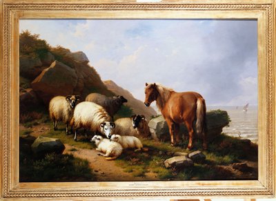 En ponni og sau på en klippe med et seilfartøy bortenfor, 1868 av Eugene Joseph Verboeckhoven