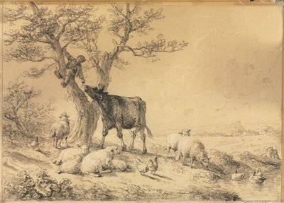Landskap med dyr og gutt i treet, 1866. av Eugene Joseph Verboeckhoven