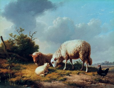 Sau og fjærkre i et landskap, 1800-tallet. av Eugene Joseph Verboeckhoven