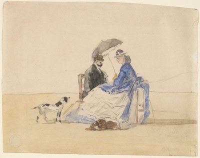 Et par som sitter på stranden med to hunder, ca. 1865. av Eugene Louis Boudin