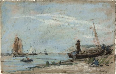 Strand med fiskebåter og kull av Eugene Louis Boudin