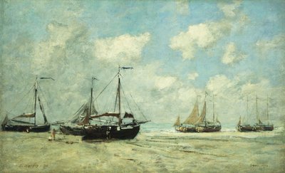 Båter på bredden ved Scheveningen; Scheveningen, Skip strandet på Greve, 1875 av Eugene Louis Boudin