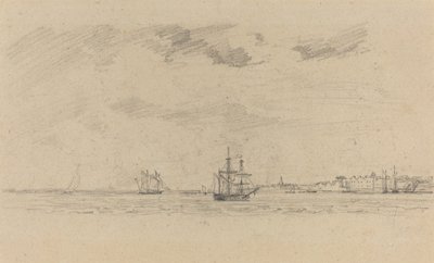Kystlandskap med skipsfart, ca. 1858. av Eugene Louis Boudin