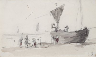 Fiskebåt på stranden (blyant og wc på papir) av Eugene Louis Boudin