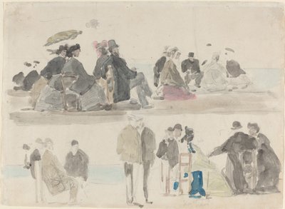 Mine damer og herrer på stranden, i to registre, ca. 1865. av Eugene Louis Boudin