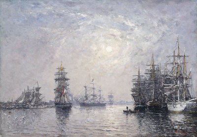 Le Havre, Eure-bassenget, seilbåter ved anker, solnedgang; Le Havre, Eure-bassenget, seilbåter ved anker, solnedgang, 1870 av Eugene Louis Boudin