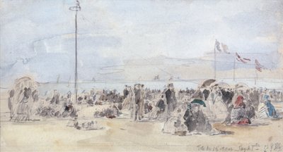 People on the Beach, Trouville, 1866 (wc og grafitt på papir) av Eugene Louis Boudin