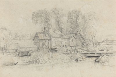 Elvelandskap med bygninger, båter og figurer, ca. 1858. av Eugene Louis Boudin