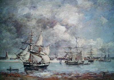 Seilbåter i en havn (olje) av Eugene Louis Boudin