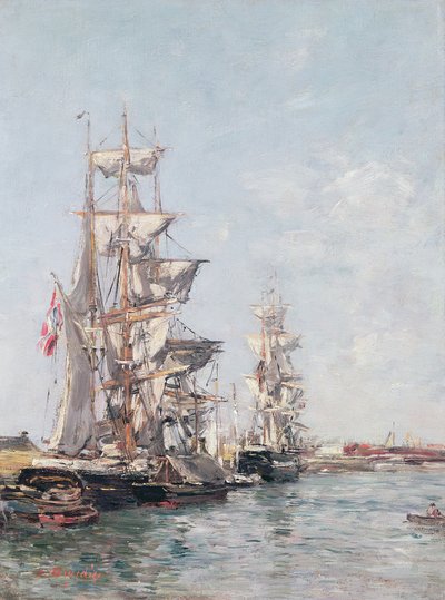 Tre-mastet båter ved kaien i Deauville havn, ca. 1888-89 av Eugene Louis Boudin
