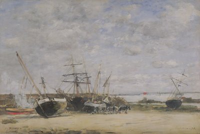 Fartøy og hester på kystlinjen av Eugene Louis Boudin