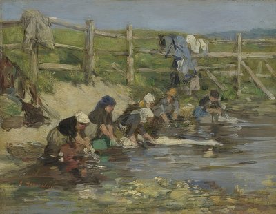 Vaskedamer ved elva. Rundt 1885-90 av Eugene Louis Boudin