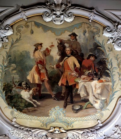 En jaktlunsj på 1700-tallet Maleri av Eugene Louis Lami (1800-1890) Chantilly fra 1800-tallet, Musee Conde av Eugene Louis Lami