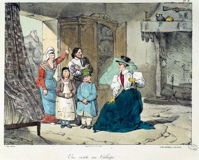 Et besøk i landsbyen. En rik kvinne besøker en fattig familie. Illustrasjon av boken "La vie de chateau"". Gravering av Eugene Louis Lami (1800-1890) av Eugene Louis Lami