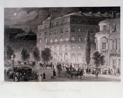 Animasjon rundt teatrene på boulevard des Italians i Paris. Gravering av Eugene Louis Lami (1800-1890) 1843 Privat samling av Eugene Louis Lami
