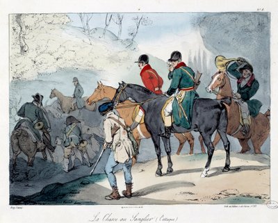 Villsvinjakt. Illustrasjon av boken "La vie de chateau"". Gravering av Eugene Louis Lami (1800-1890) av Eugene Louis Lami