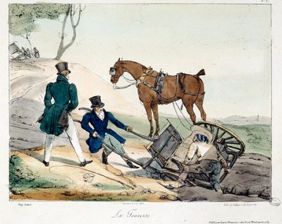 Vognulykke forårsaket av skinnen. Illustrasjon av boken "La vie de chateau"". Gravering av Eugene Louis Lami (1800-1890) av Eugene Louis Lami
