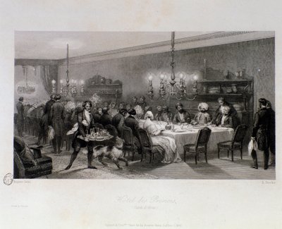 Middag på table d'hotes "" Hotel des princes"" i Paris. Gravering av Eugene Louis Lami (1800-1890) 1843 Privat samling av Eugene Louis Lami