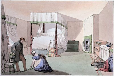 Vandrerhjem: en tjener som hjelper en kunde med å ta på seg sko. Illustrasjon av Eugene Louis Lami (1800-1890), midten av 1800-tallet av Eugene Louis Lami