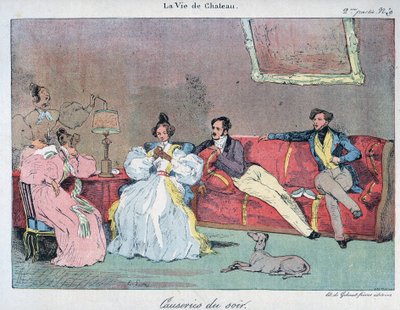 La Vie de chateau - Kveldsforedrag - Illustrasjon av Eugene Lami (1800-1890) I "" LE-RIRE"" fra 1885 av Eugene Louis Lami
