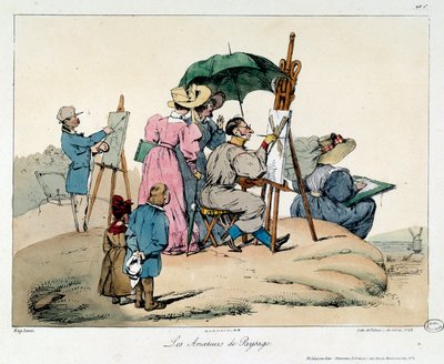 Landskap elskere. Presenterte malere omgrupperer seg for å male et maritimt landskap. Illustrasjon av boken la vie de chateau av Eugene Louis Lami