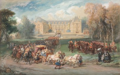 Louis XIV kjører bussen sin i parken i Versailles av Eugene Louis Lami