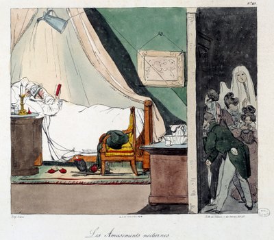 Nattmoro. Barn er redde for å skremme en person som leser i sengen. Illustrasjon av boken "La vie de chateau"". Gravering av Eugene Louis Lami (1800-1890) av Eugene Louis Lami