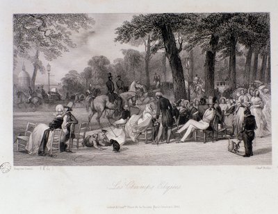 Passasjerer og turgåere på Champs Elysees (Champs-Elysees) i Paris. Gravering av Eugene Louis Lami (1800-1890) 1841 Privat samling av Eugene Louis Lami