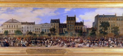 Angrepet av Giuseppe Fieschi (korsikansk konspiratør) 28.07.1835 mot Louis-Philippe I (1773-1850), franskmennenes konge, Boulevard du Temple i Paris (Louis Philippe anmelder nasjonalgarden) Detalj av et maleri av Eugene Lami (1800-1890) 1845 søn. av Eugene Louis Lami