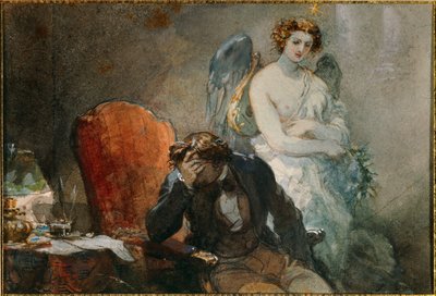 Natten til oktober Illustrasjon av verkene til Alfred de Musset (1810-1857). Akvarell av Eugene Louis lami (1800-1890) Søn fra 1800-tallet. 0,1x0,14 m Malmaison, musee du chateau av Eugene Louis Lami
