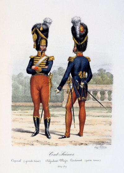 Cent-Suisses, korporal heldress, adjudant-majorløytnant kle av seg, 1814-17 av Eugene Titeux