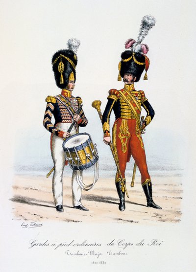 Ordinære fotvakter av kongens korps, trommemajor og trommeslager, 1822-30 av Eugene Titeux