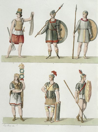 Roman Soldiers, detalj fra plate 2, klasse 5 i del I av The History of the Nations, gravert av Buttazon aquatint se også 93289 av Eugenio Bosa