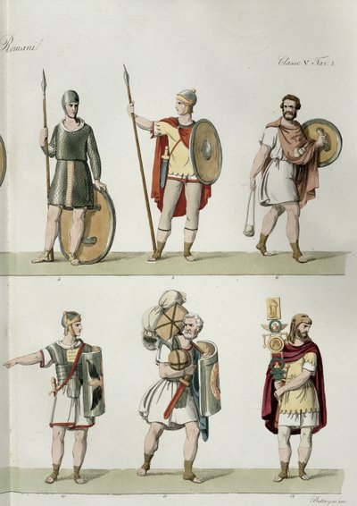 Roman Soldiers, detalj fra plate 2, klasse 5 i del I av The History of the Nations, gravert av Buttazon (akvatint) (se også 93288) av Eugenio Bosa