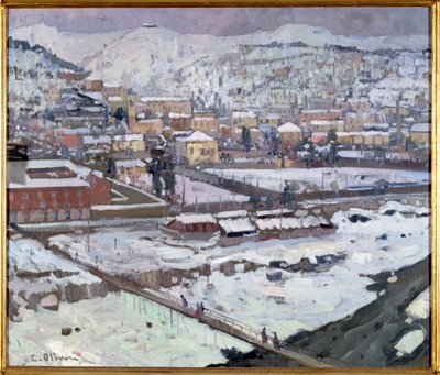 Utsikt over gener under snøen, Italia (Utsikt over Genova under snøen, Italia) Maleri av Eugenio Olivari (1882-1917) Dim 73x85 cm Genes, Galleria d