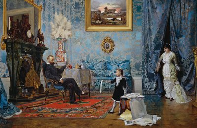 Fabricci-familien, ca 1880, av Eugenio Scomparini (1845-1913), olje på lerret, 68x187 cm, Italia av Eugenio Scomparini