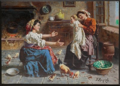 To kvinners møte og en baby (olje på lerret) av Eugenio Zampighi