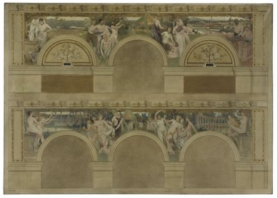 Skisse til en av de innledende salongene på Hôtel de Ville de Paris: Arbeid. Gled deg. Nestekjærlighet, i 1892 (svart blekk, olje på lerret) av Eugène-Martial Simas